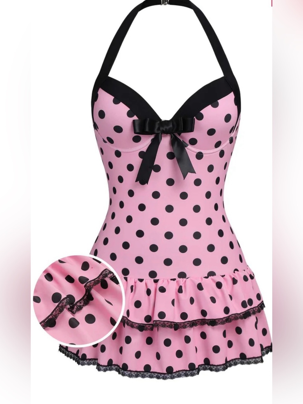 RETRO 1940S PINK/BLACK HALTER BLACK BOW ONE-PIECE SWIMSUIT size L New